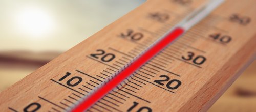 Man sieht ein Thermometer auf dem der rote Balken schon bei 40 Grad Celsius steht.