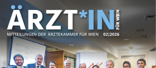 Das Cover der Februar-Ausgabe 2026 von Ärzt*in für Wien. Man sieht neun Personen - 7 Expert:innen, der Präsident und der Moderator ganz rechts