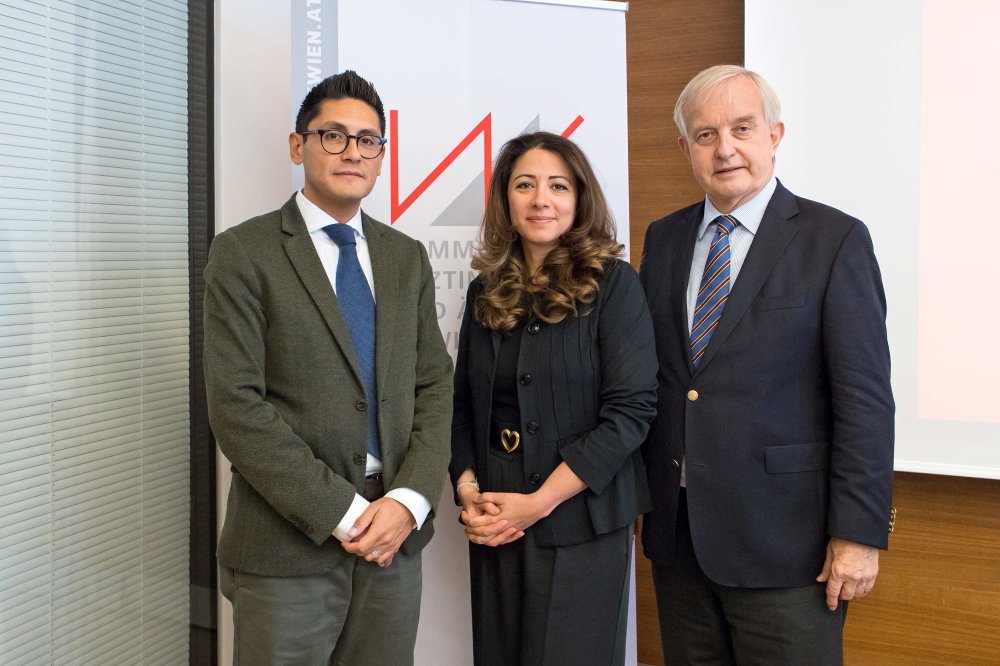 Vizepräsident Maldonado-Gonzalez, Vizepräsidentin Kamaleyan-Schmied und Präsident Johannes Steinhart stehen vor einem Rollup der Kammer für Ärztinnen und Ärzte in Wien